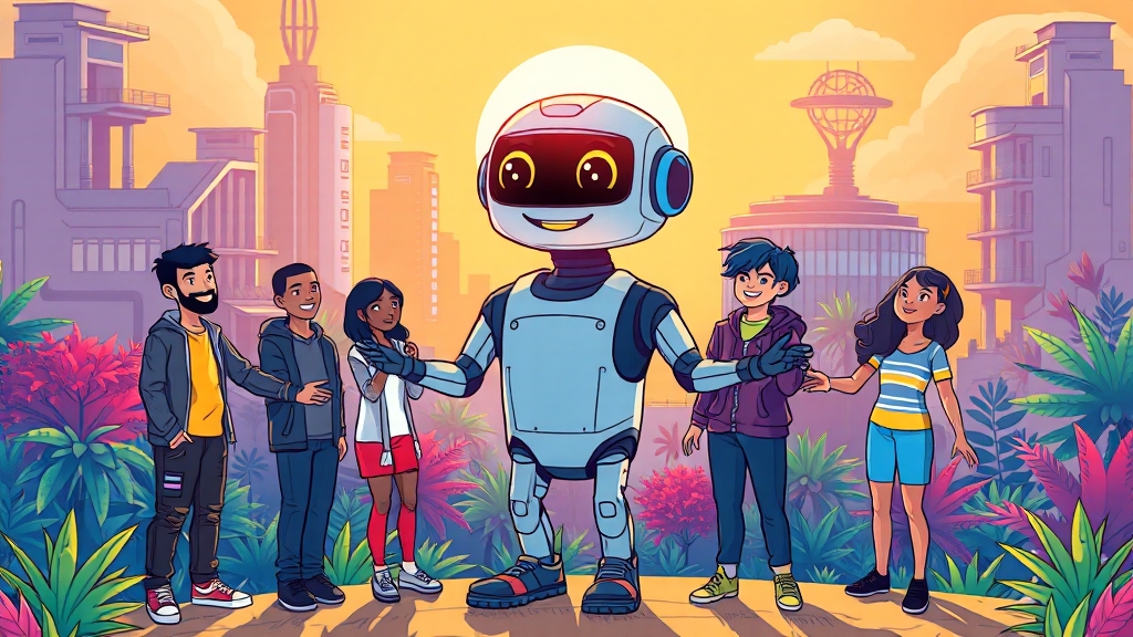 AI, 기쁨 알고리즘과 자아 인식 (cartoon 스타일)
