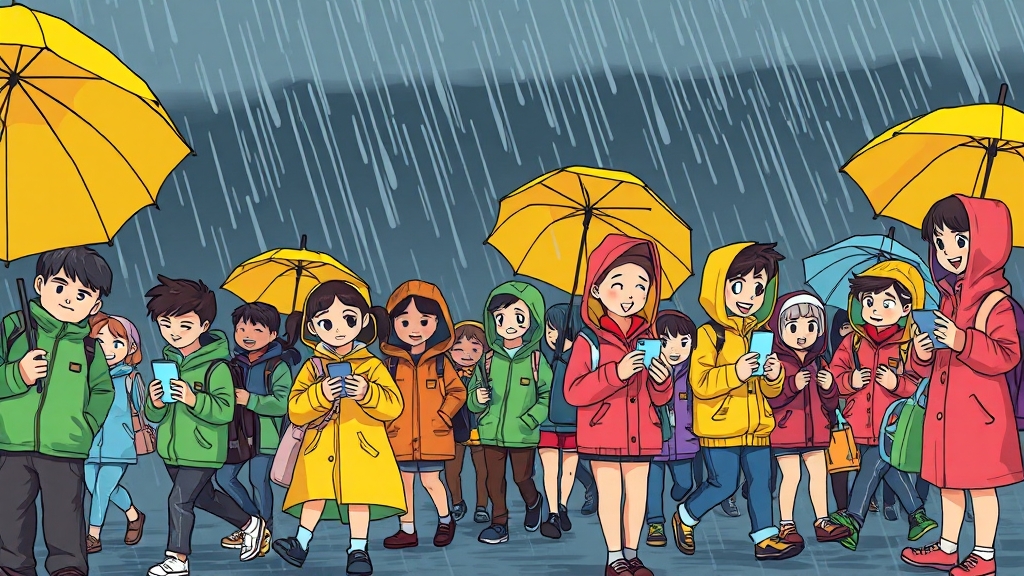 폭우 시 대피 요령 (cartoon 스타일)