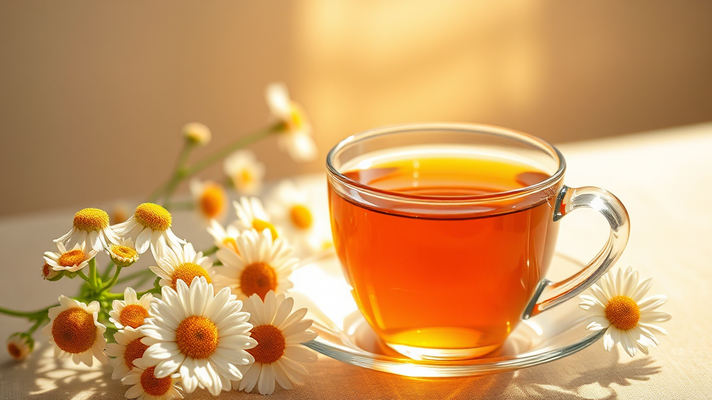 캐모마일차의 숨겨진 효능: 피부 건강과 면역력 강화 (realistic 스타일)
