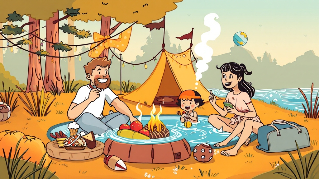 다양한 캠핑 활동 및 즐길 거리 (illustration 스타일)