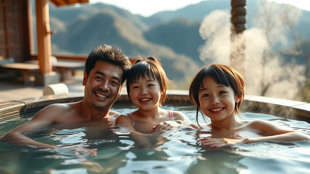 시설 안내: 온천, 부대시설, 객실 (realistic 스타일)