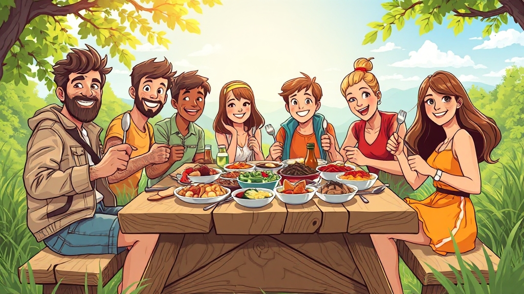 캠핑 밀키트 활용 꿀팁 (cartoon 스타일)