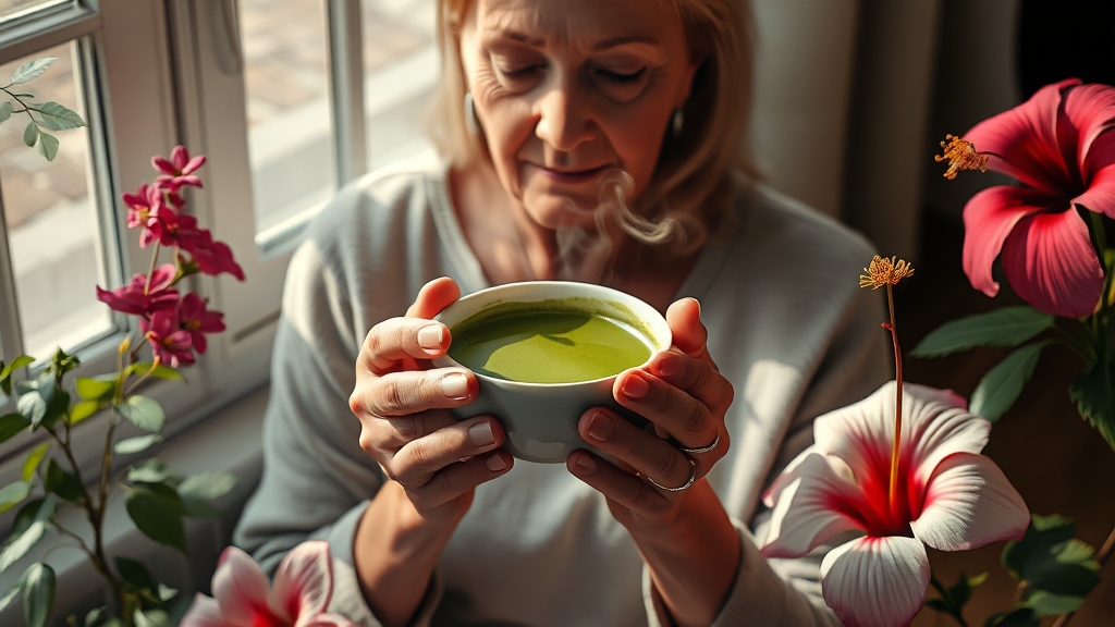 말차와 갱년기 증상 완화, 연관성은? (realistic 스타일)