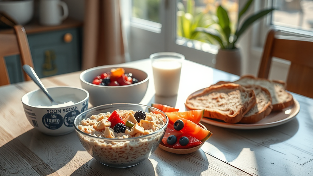 균형 잡힌 아침 식사 조합 추천 (realistic 스타일)