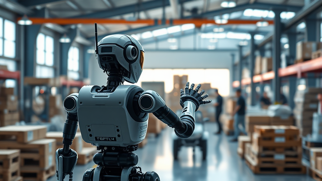 물류 현장의 혁신: 로봇이 바꾸는 효율성과 생산성 (realistic 스타일)