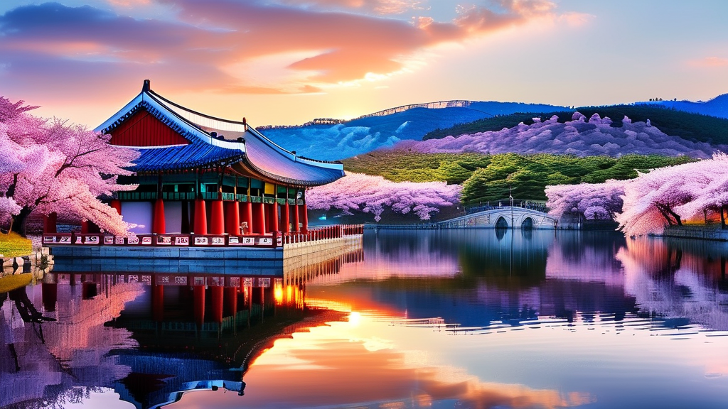 경주 벚꽃 명소 추천: 보문단지 & 황룡원 (realistic 스타일)