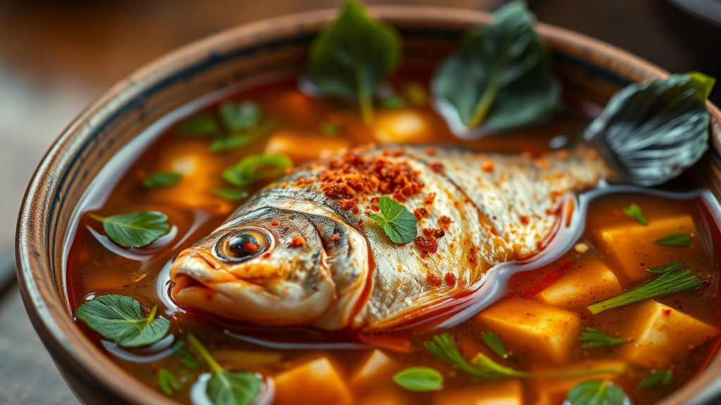 대표 메뉴: 어죽과 도리뱅뱅이 (realistic 스타일)