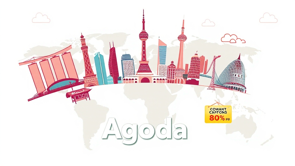 여행 목적지별 아고다 추천 숙소 및 할인 정보 (illustration 스타일)