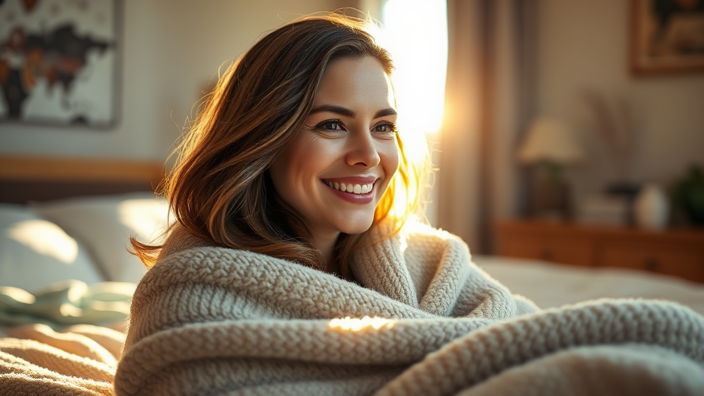 따뜻한 잠자리 침구 선택 및 관리 (realistic 스타일)