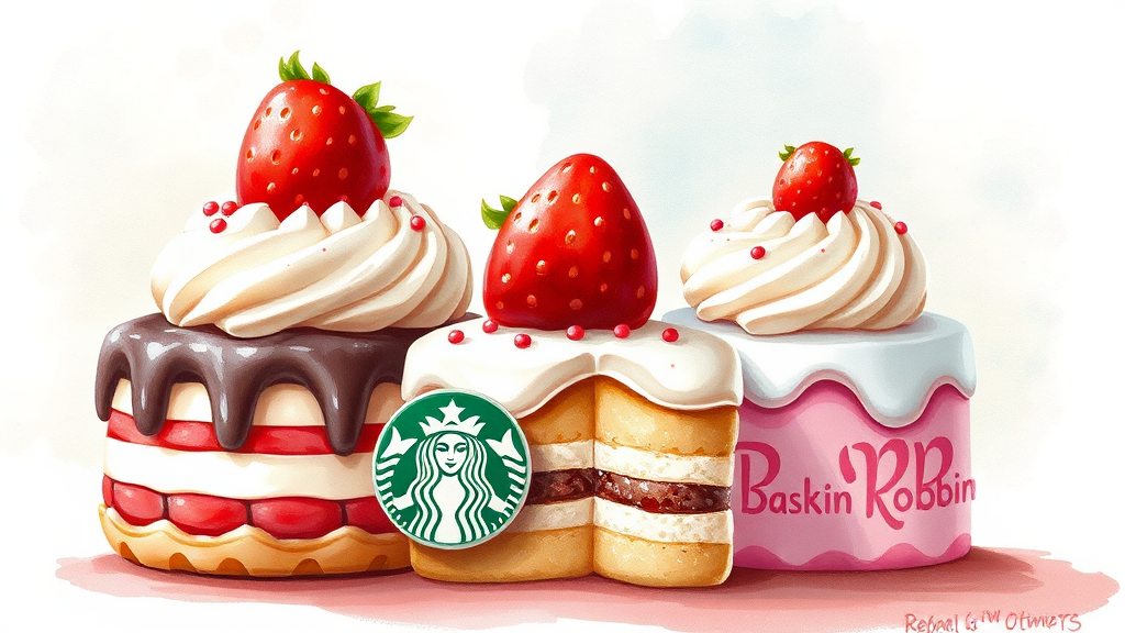 브랜드별 케이크 특징 비교 (watercolor 스타일)