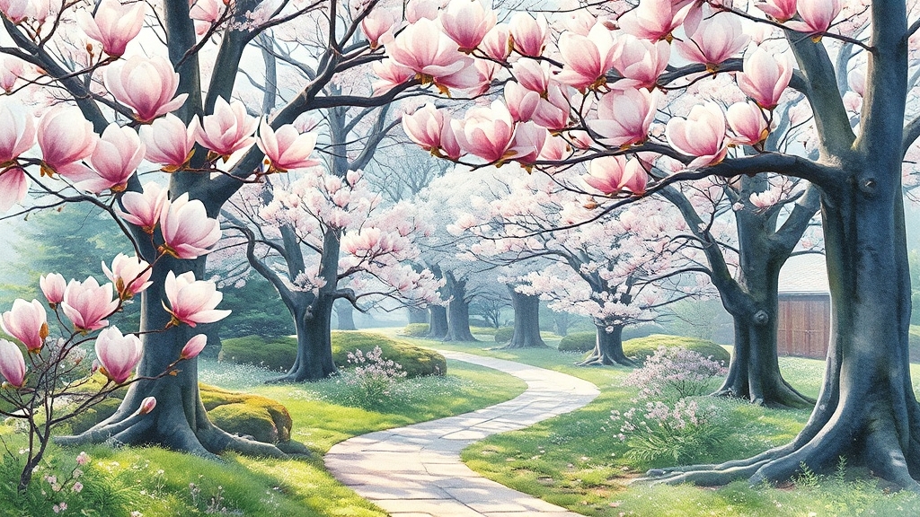 목련 개화 현황 및 추천 방문 시기 (watercolor 스타일)