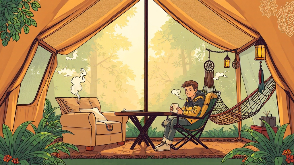 캠핑 생활: 에어텐트와 편안한 휴식 (cartoon 스타일)