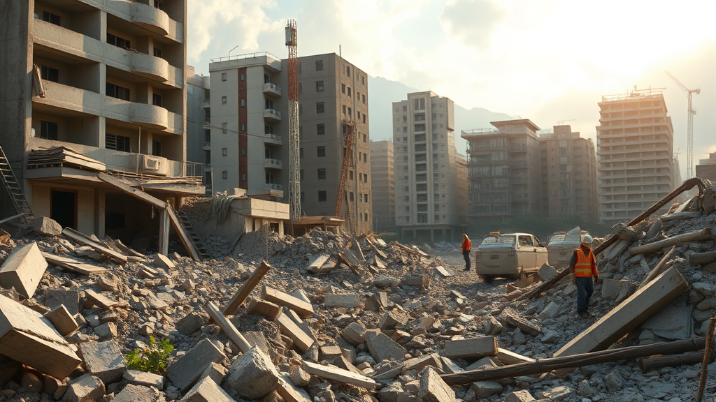 지진 피해 상황 및 복구 현황 (realistic 스타일)