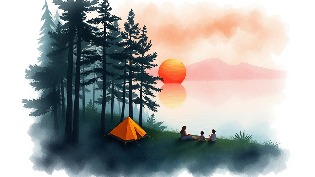 곰솔 숲과 노을 명소 (watercolor 스타일)