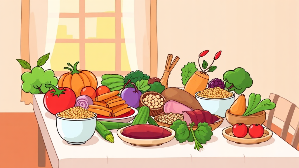 균형 잡힌 식단: 육류 외 영양소 섭취 (cartoon 스타일)