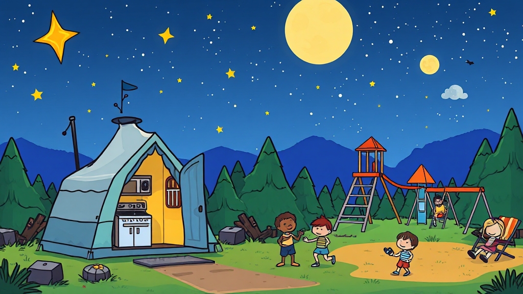 캠핑장 시설 안내 (편의/위생) (cartoon 스타일)