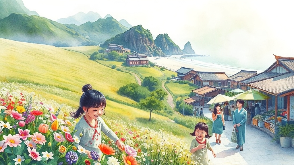 마을 탐방과 주변 시설 (watercolor 스타일)