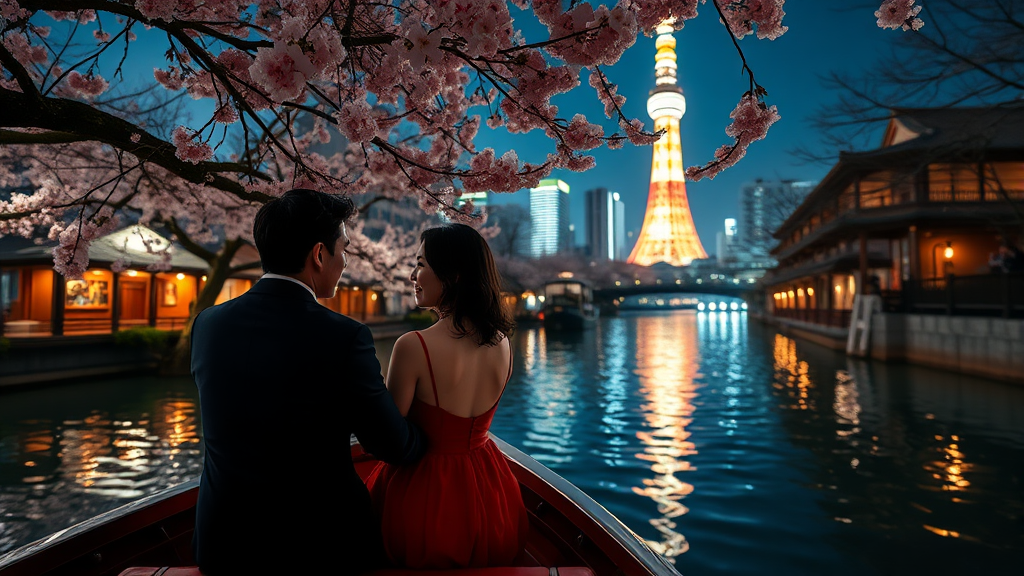 해외 야간 벚꽃 명소: 도쿄의 밤을 물들이는 벚꽃 풍경 (realistic 스타일)
