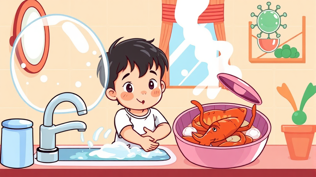 노로바이러스 전염력과 관리 (cartoon 스타일)