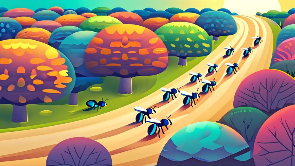 개미 떼의 움직임, 집단 행동이 상징하는 것 (cartoon 스타일)