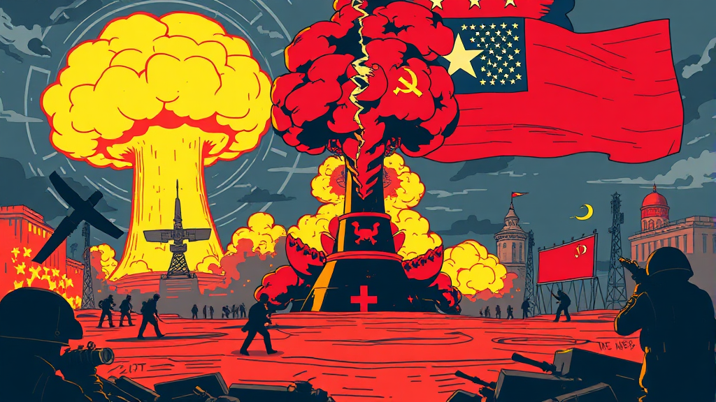 국제 정세: 우크라이나 전쟁과 핵무기 개발 역사 (illustration 스타일)