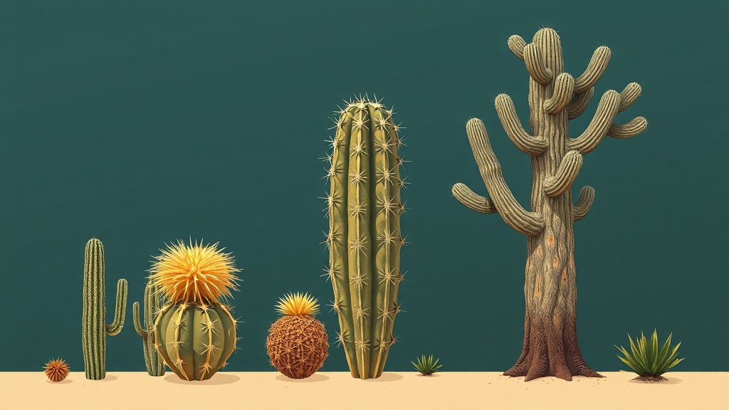 선인장 종류: 모양과 크기별 분류 (illustration 스타일) (재시도)