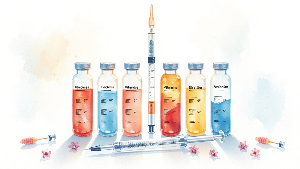 수액 종류와 구성 (watercolor 스타일)