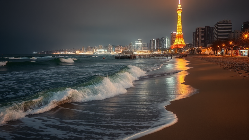 모모치 해변: 해변 명소 (realistic 스타일)