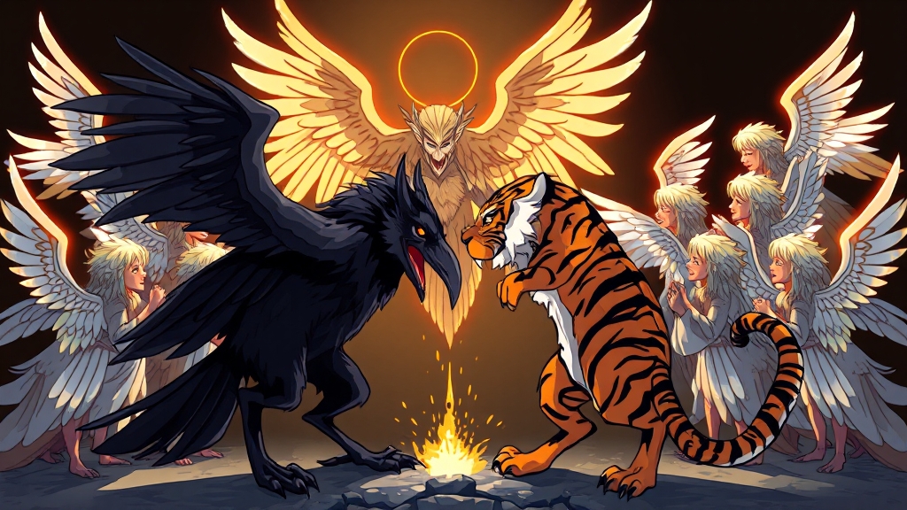 악귀 vs 천사 대립 (cartoon 스타일)