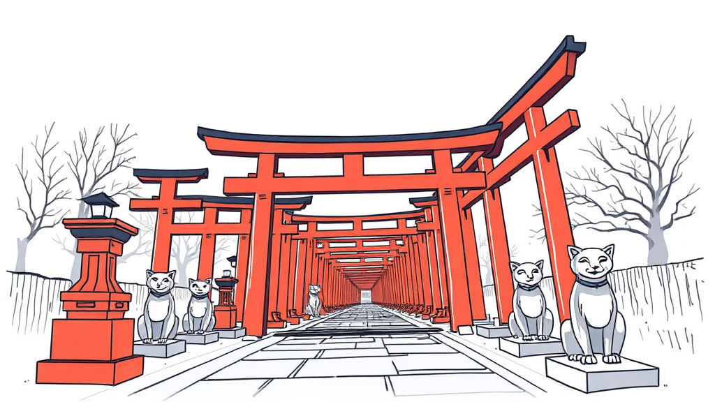 후시미이나리 신사 (여우신사): 붉은 도리이 길 (illustration 스타일)