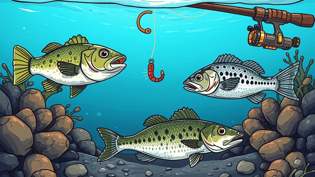 어종별 웜 바늘 크기 선택 (cartoon 스타일)