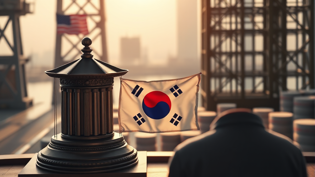 무역 전쟁의 영향을 받는 한국 수출 기업들과 산업 단지의 전경을 표현한 이미지