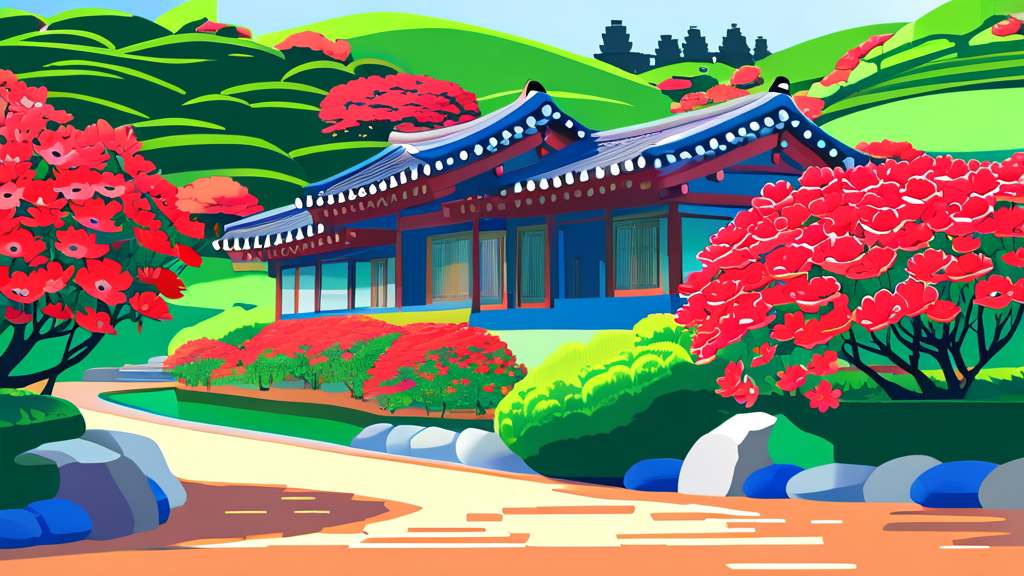 봄의 절정, 동백꽃 군락 탐방 (cartoon 스타일)