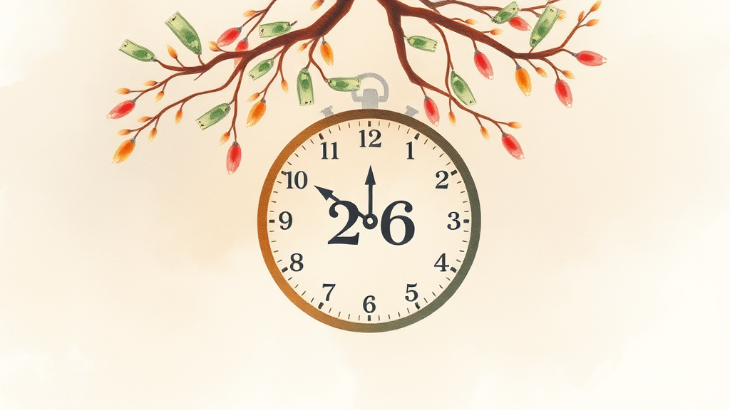 배당금 수령, 주식 매수 시점 (watercolor 스타일)