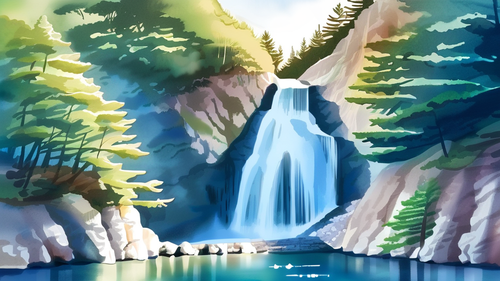 천지연폭포의 전설과 야간 관람의 매력 (watercolor 스타일)