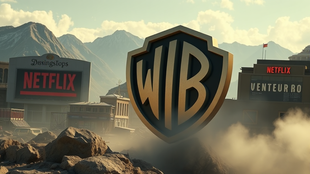 2026년 콘텐츠 산업: AI, IP, 팬덤, 몰입형 경험의 미래 5 미디어 산업의 인수합병과 시장 재편 동향 (realistic 스타일)