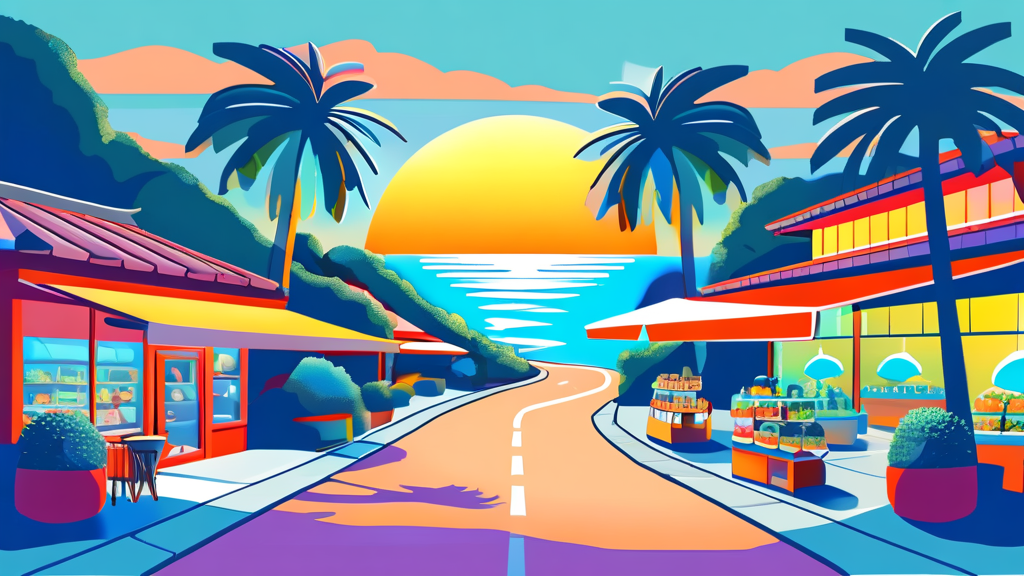 애월 해안도로 카페 거리: 노을샌드 외 쇼핑 스팟 (cartoon 스타일)