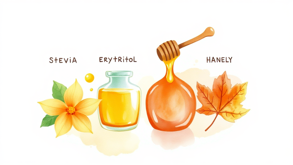 건강한 단맛을 위한 천연 감미료 종류와 특징 (watercolor 스타일)