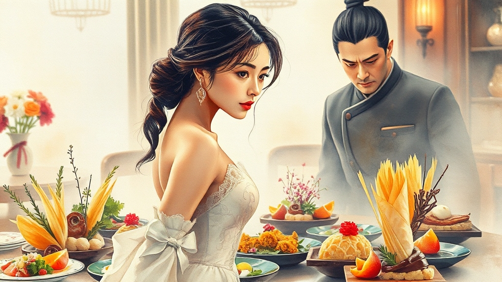 요리 대결과 숨겨진 이야기 (watercolor 스타일)