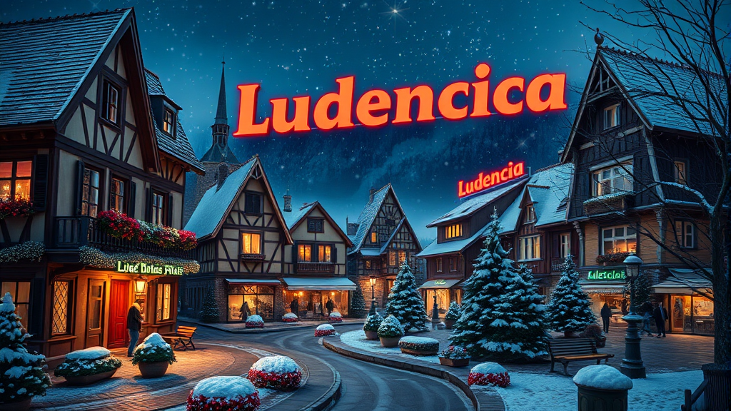 루덴시아 야간 개장 시 화려하게 빛나는 시계탑과 로고 포토존 야경 이미지