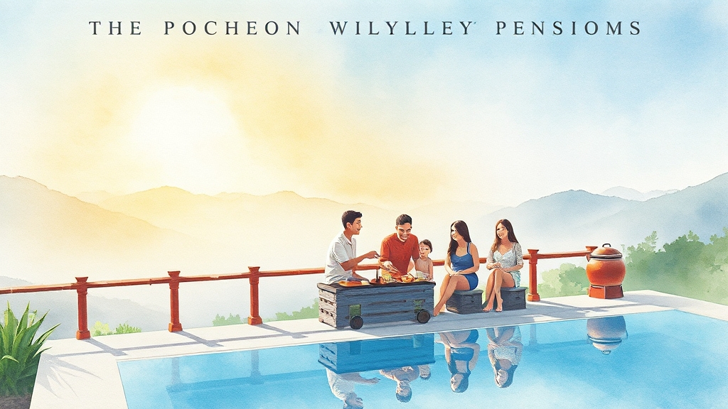 펜션 시설: 객실, 부대시설 (watercolor 스타일)