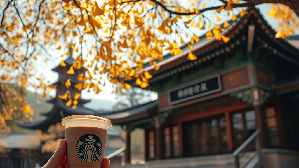 단풍 명소, 통도사 스타벅스 (realistic 스타일)