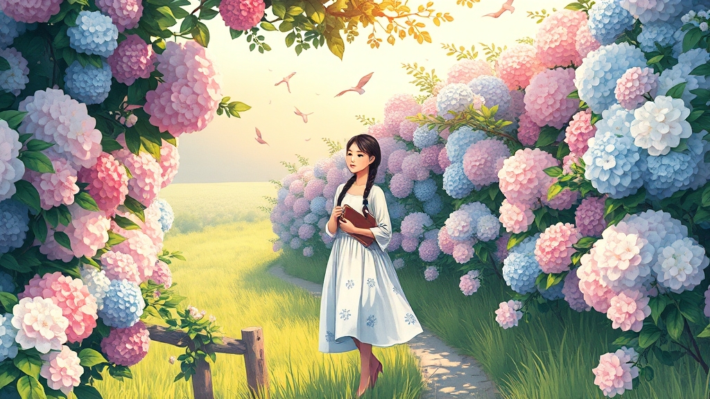 수국과 함께하는 힐링 여행 (illustration 스타일)