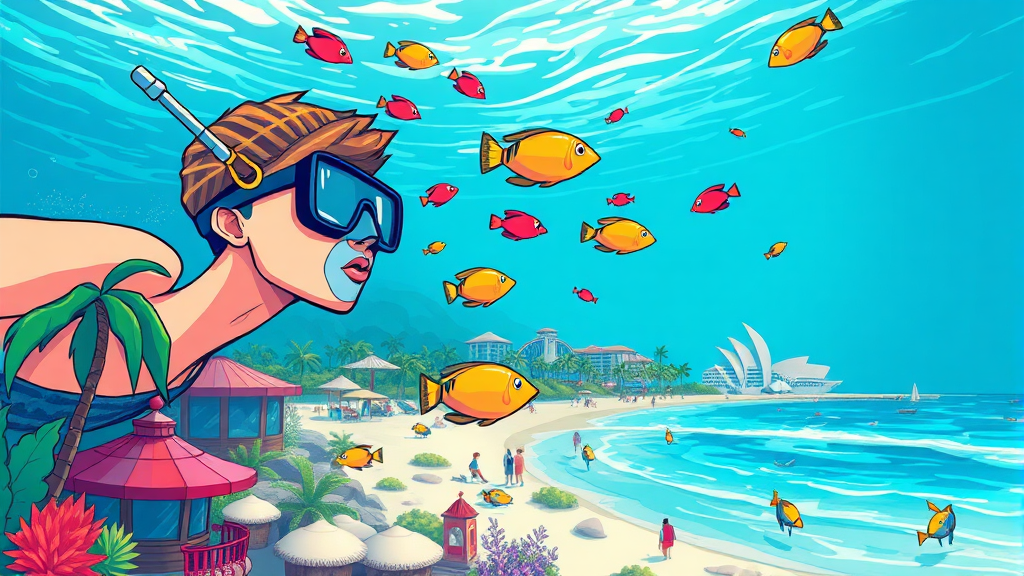 시기라 비치와 주변 관광 명소 탐방 (illustration 스타일)