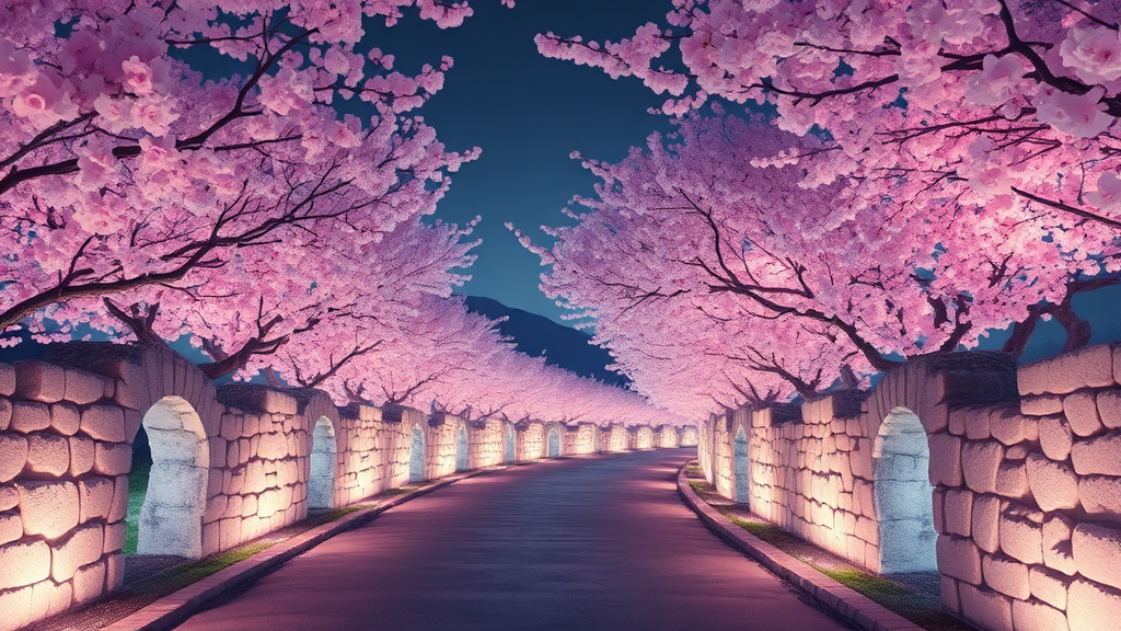 밤의 정취: 조명으로 빛나는 돌담길 산책 (watercolor 스타일)