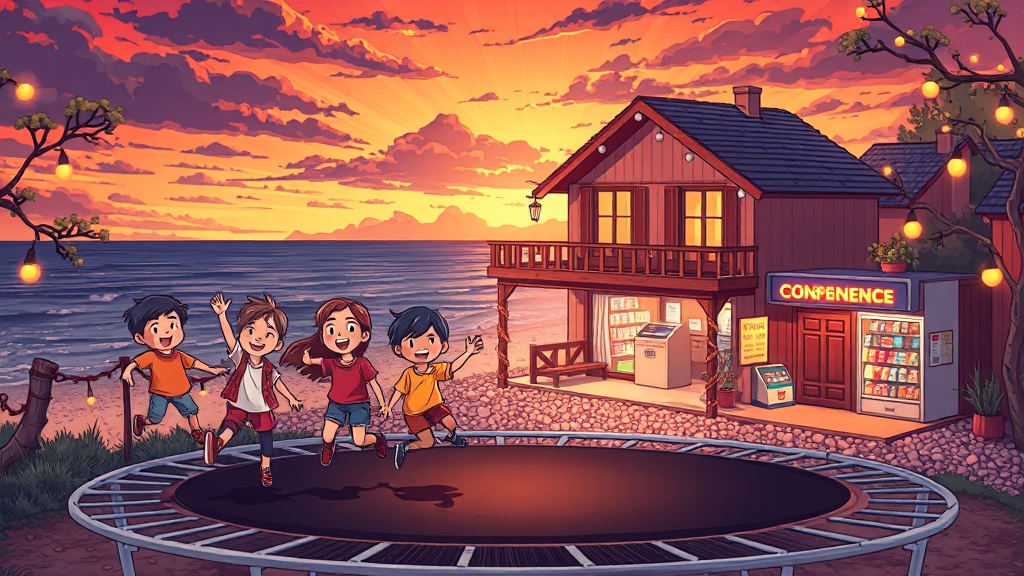 펜션 외부 시설과 바다 뷰 (cartoon 스타일)