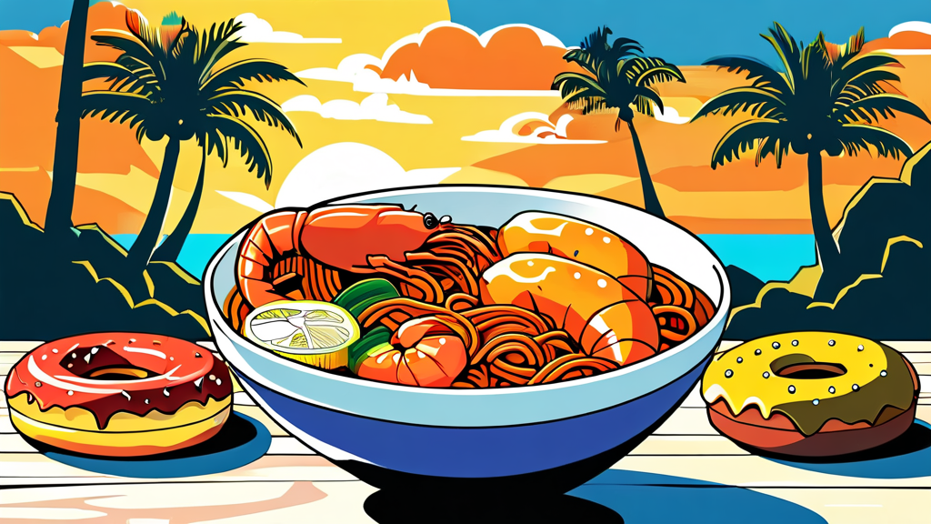 욕지도 맛집 탐방: 신선한 해산물과 지역 특산물 맛보기 (cartoon 스타일)