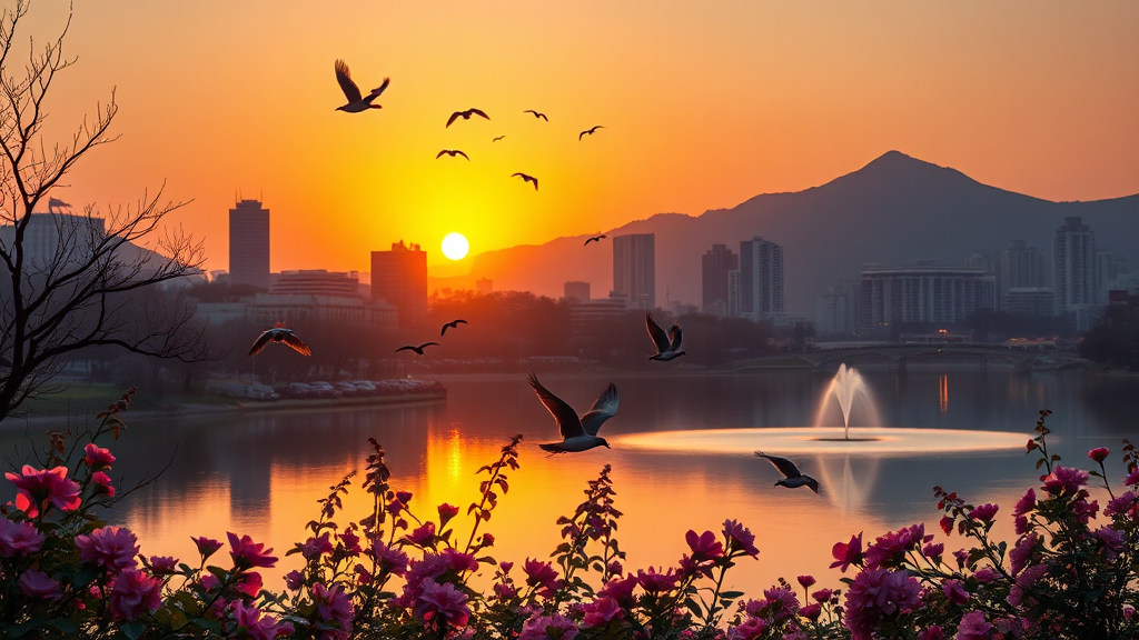 광교호수공원: 도심 속 시원한 바람과 함께하는 휴식 (realistic 스타일)