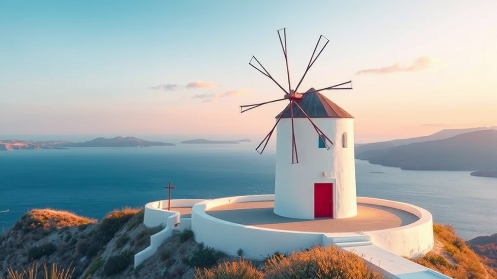 바람의 언덕: 푸른 바다와 풍차의 낭만 (illustration 스타일)