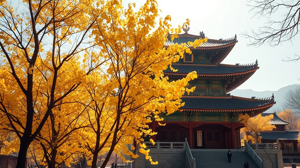 용문사 은행나무 방문 시기 (realistic 스타일)